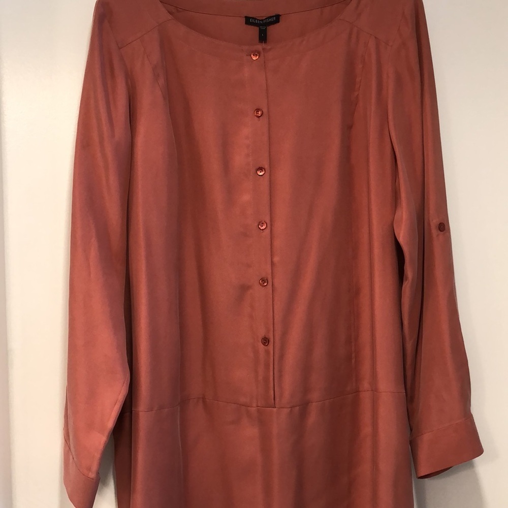 EILEEN FISHER SILK TWILL SHIRT DRESS in Coral NWT sz L - Picture 2 of 11